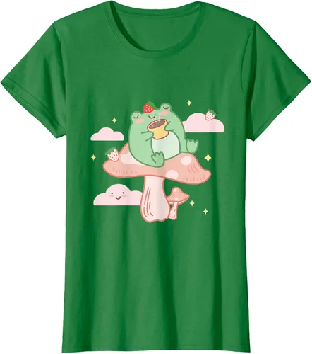 Vista 37 de Kawaii Strawberry Frog On Mushroom - Camiseta de manga corta de anime, Azul / Patchwork, S Azul Pastel