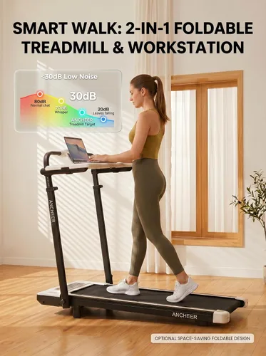 Vista 6 de ANCHEER Cinta de correr con inclinación del 12%/15%, almohadilla plegable con barra de asa, capacidad de 320-450 libras debajo del escritorio