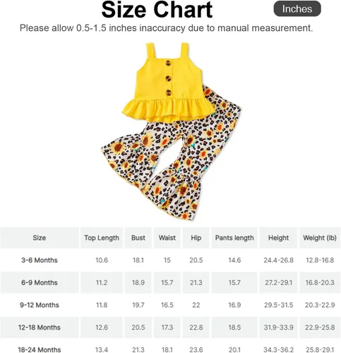 Vista 7 de PATPAT Infant Baby Girl Cami Romper Bodysuit Tops Flared Bell Bottom Pants Leggings 2Pcs Outfits