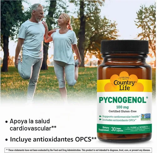 Vista 2 de Country Life Pycnogenol 100mg - Suplemento antioxidante de extracto de corteza de pino marítimo francés - Apoya la salud cardiovascular - Sin