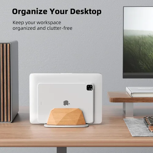 Vista 5 de AFOOYO Soporte vertical para laptop, soporte ajustable de madera con doble ranuras, base de escritorio compatible con todos los MacBook, Surface