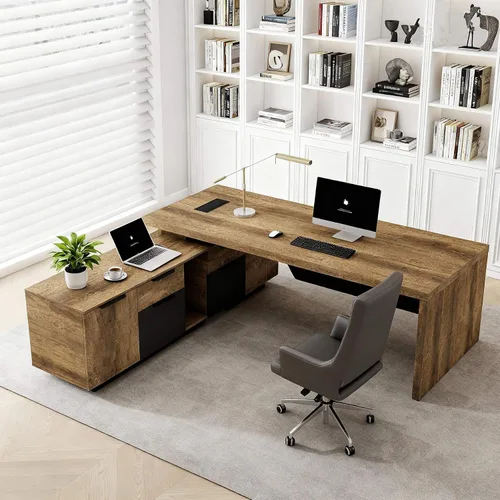 Vista 11 de SAINTCY Escritorio ejecutivo en forma de L, escritorio de oficina retráctil con cajones, grandes escritorios de madera para jefes, propietarios