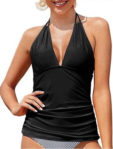 Vista 2 de Yonique Top tankini halter para mujer sin parte inferior cuello en V parte superior de natación con control de abdomen