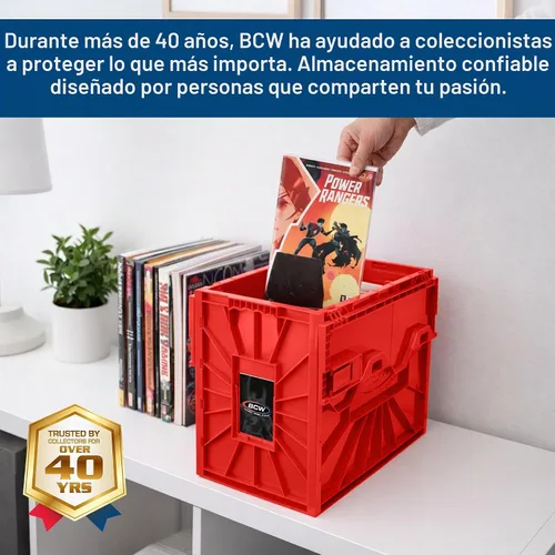 Vista 3 de BCW Recipiente corto para cómics Capacidad para 150 cómics Almacenamiento de plástico apilable Organizador sin ácido Rojo, paquete de 2