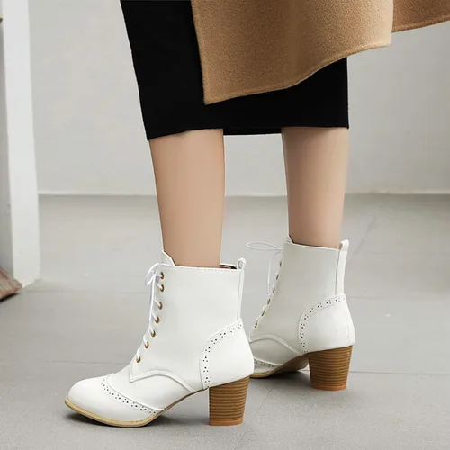 Vista 7 de Betastella Botas de tobillo con cordones para mujer, tacón grueso, con cierre lateral, botas cortas de vestir con cremallera lateral
