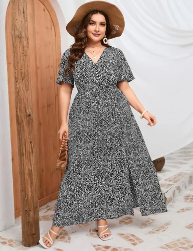 Vista 2 de KOJOOIN Vestido largo cruzado de talla grande para mujer, mangas cortas con volantes, cintura imperio, dividida, acampanado, vestido casual bohemio