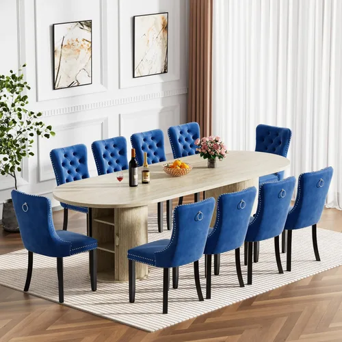 Vista 36 de Mesa de comedor redonda extensible de 94 pulgadas con base de almacenamiento, mesa de comedor expandible natural para 10, mesa de comedor de madera