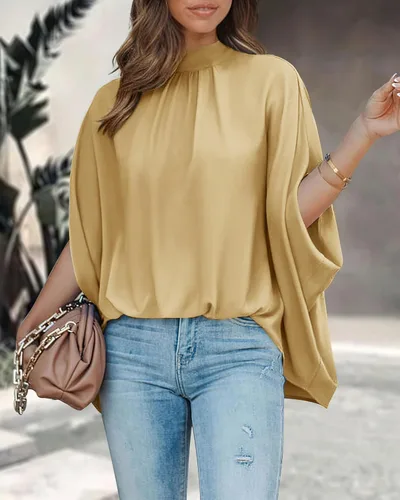 Vista 103 de BTFBM Blusas de verano para mujer, cuello alto falso, manga murciélago, holgadas, dobladillo alto y bajo, blusas informales de gran