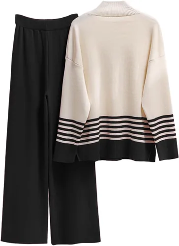 Vista 2 de Conjunto de 2 piezas para mujer, de punto, de manga larga, a rayas, sin botones y pantalones de pierna ancha