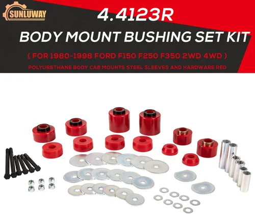 Vista 2 de Kit de bujes de montaje en cuerpo rojo mejorado compatible con Ford F150 F250 F350 2WD 4WD 1980-1998, soportes de cabina de poliuretano resistente