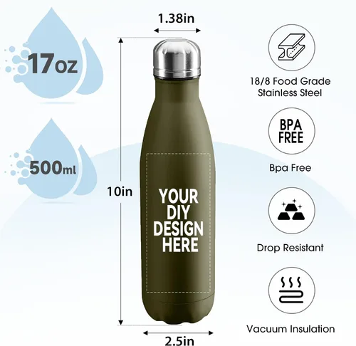 Vista 2 de Botella de agua personalizada de 17 onzas, botella de agua al vacío de doble pared aislada de acero inoxidable, tazas a prueba de fugas para Verde