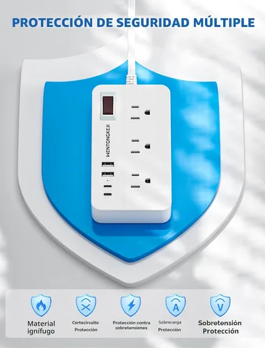 Vista 6 de Regleta protectora de sobretensiones, cable de extensión trenzado de 5 pies, enchufe plano con 6 tomas de corriente y 2 puertos USB-A, 2 puertos