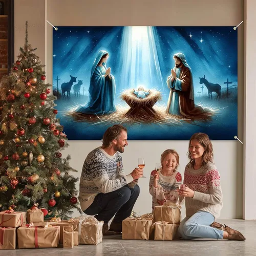 Vista 6 de BlissYard Fondo de Escena de la Natividad 71x43 Pulgadas Pancarta de la Escena del Pesebre de la Noche Santa Telón de Fondo Religioso Cristiano