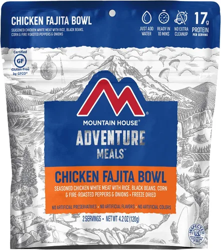 Vista 5 de Mountain House Tazón de arroz adobo, pollo y fajita de estilo mexicano, paquete de alimentos liofilizados para mochileros y campamentos