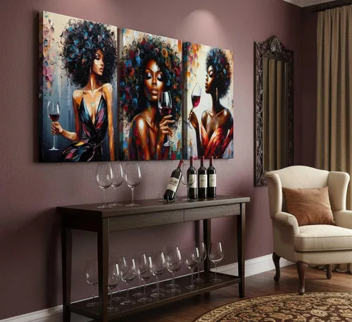 Vista 4 de 3 piezas de arte de pared en lienzo de mujeres afroamericanas, coloridas grafitis, chica afro con vino, pintura moderna, abstracta, estética