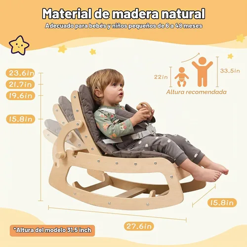 Vista 2 de Mecedora para bebé, ajustable para bebé, silla mecedora de madera 3 en 1 con arnés de 5 puntos, asiento para bebés y niños pequeños, color gris Beige