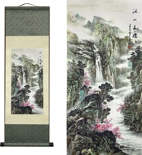 Vista 31 de AtfArt Decoración asiática de pared, hermosa pintura de pergamino de seda del paisaje del río de la cascada - Montaña, primavera, otoño