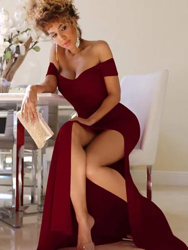 Vista 7 de YMDUCH Vestido de noche formal largo con hombros descubiertos para mujer