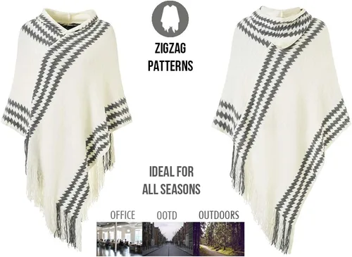 Vista 3 de Ferand Suéter poncho de punto con capucha y rayas en zigzag para mujer con flecos