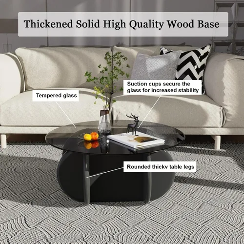 Vista 3 de Mesa de Centro con Tapa de Vidrio Negro, Mesa de Centro Redonda Moderna y Elegante con Patas de Madera Maciza y Superficie de Vidrio Templado