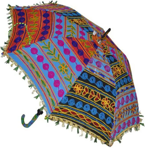 Vista 4 de Marusthali Bohemia Diseño Hecho A Mano Algodón Multicolor Moda Multicolor Paraguas Bordado Boho Paraguas Sombrilla
