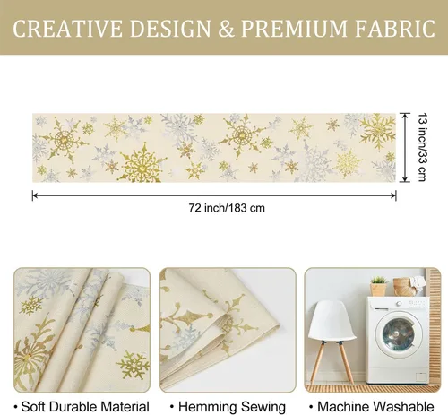 Vista 6 de Bonhause Camino de mesa con copos de nieve de invierno 13x72 pulgadas plateado y dorado, decoración de Navidad, invierno, vacaciones, cocina