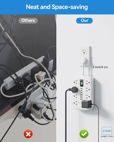 Vista 8 de Cable de extensión corto de 2 pulgadas, regleta pequeña extensor de toma plana protector contra sobretensiones con 8 salidas de CA, 6 USB