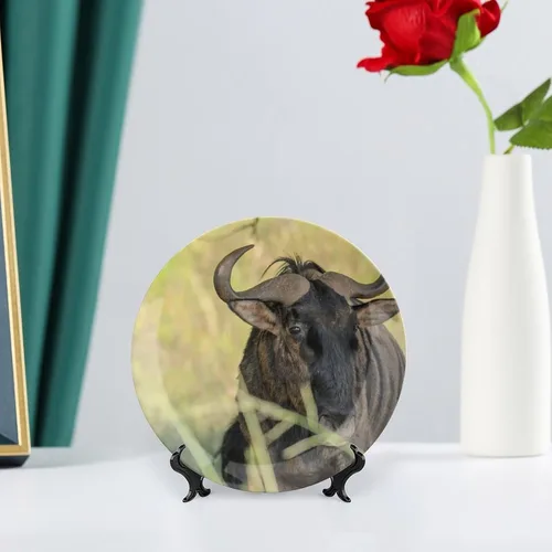 Vista 6 de Plato decorativo para colgar en la pared, plato de cerámica de ñu azul animal, platos divertidos para cena, plato decorativo de mesa, plato