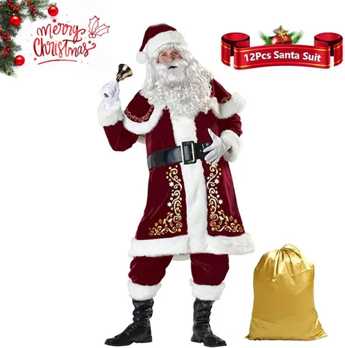 Vista 3 de ALANANO Deluxe Santa Claus Costume 12 pcs Christmas Velvet Santa Suit for Men
