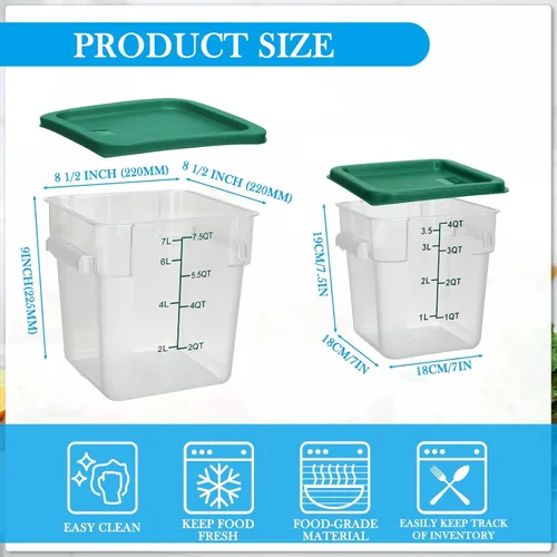 Vista 2 de Lallisa 4 recipientes transparentes de almacenamiento de alimentos de 8 cuartos y 4 cuartos con tapas asas y básculas, recipientes cuadrados de verde