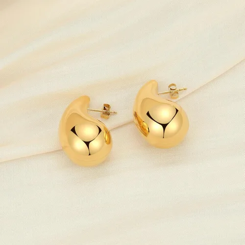 Vista 2 de Aretes de aro de acero quirúrgico 316L gruesos en forma de lágrima de oro para mujer, aretes de gota de agua, ligeros, hipoalergénicos, de diseño