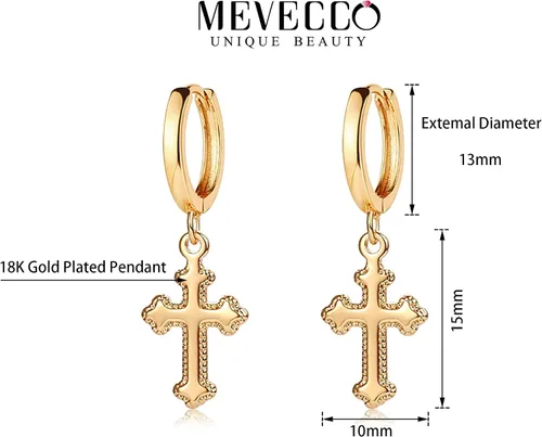 Vista 5 de MEVECCO Aretes pequeños de aro de cruz chapados en oro de 14 quilates, delicados, minimalistas, simples, con cruz de fe para mujeres y niñas, regalo