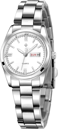 Vista 16 de Relojes para mujeres, cuarzo analógico, plateados, de acero inoxidable, luminosos, impermeables, reloj de vestir para damas negro (021 Black)