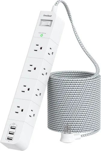Vista 8 de One Beat Cable de extensión de 10 pies, regleta protectora de sobretensiones, 8 tomas de CA amplias, 3 USB, enchufe plano, estación de carga