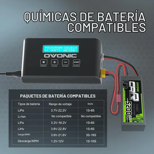 Vista 3 de OVONIC Mate1 100W 10A Smart RC Balance Charger XT60, compatible con 2S-6S LiPo/Life/LiHv, 4-18S NiMH (versión mejorada, sin tabla de equilibrio)