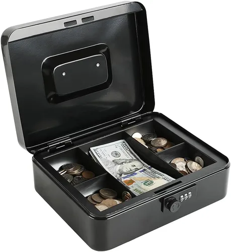 Vista 11 de xydled Caja fuerte de acero con cerradura de combinación, caja fuerte para dinero con bandeja extraíble para monedas, tamaño mediano, 7.87 x 6.30 x