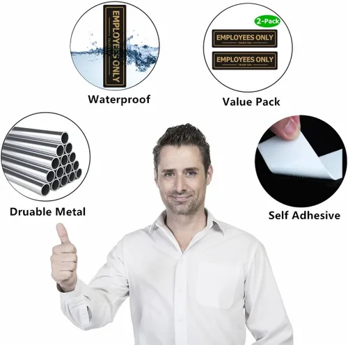Vista 4 de Letrero de solo empleados, paquete de 2 letreros para puerta de oficina para pared de tiendas de negocios, metal de aluminio con fuerte autoadhesivo