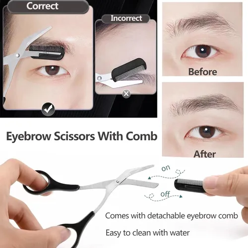 Vista 7 de KAJUDA - Tijeras de cejas con peine, tijeras pequeñas de aseo facial para hombres y mujeres, tijeras para cejas, pelo de nariz, bigote, barba