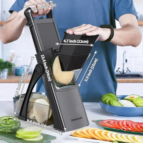 Vista 2 de Jonscook Rebanador de mandolina todo en uno seguro para cocina, picador de alimentos con contenedor, cortador de verduras con grosor ajustable