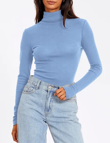 Vista 2 de Trendy Queen Camisas de manga larga con cuello alto para mujer, a la moda, básicas, ajustadas, suaves, térmicas, para otoño