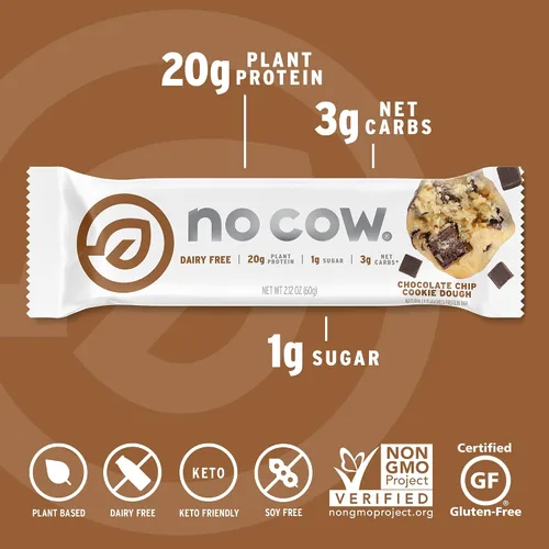 Vista 5 de No Cow Barras de proteínas, masa de galletas con chispas de chocolate, 0.74 oz de proteína vegana a base de plantas, aptas para ceto, bajas