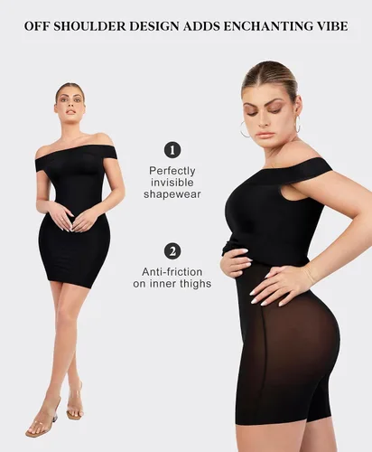 Vista 3 de Popilush Vestido moldeador con faja moldeadora integrada con hombros descubiertos, cuello en V, fruncido, entallado, vestido midi para fiesta, club