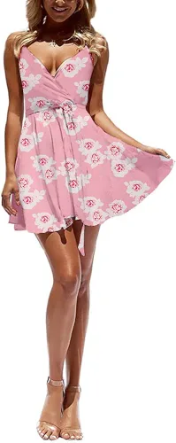 Vista 3 de CASURESS - Vestido corto de verano con cuello en V para mujer con estampado floral vuelo tirantes delgados cinturón sin mangas estilo patinadora