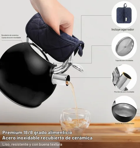 Vista 4 de Hervidor de té de acero inoxidable, tetera de té, tetera silbante vintage para estufa, duradera y resistente al óxido, con un soporte para olla
