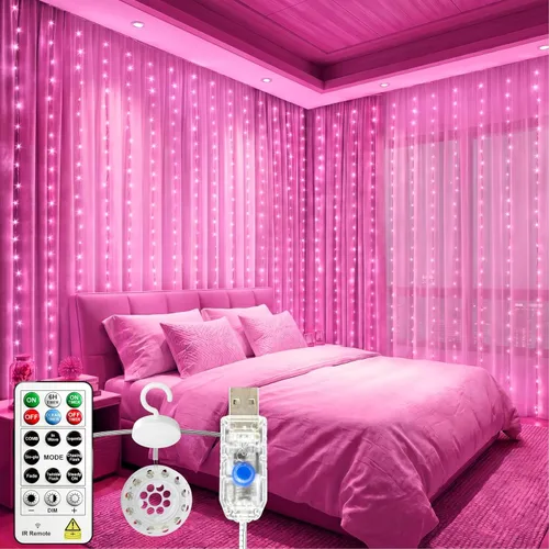 Vista 17 de HXWEIYE 300 luces LED de cortina sin enredos, 9.8 x 9.8 pies, USB, control Blanco cálido