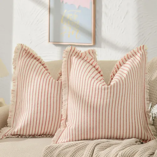 Vista 11 de Fundas de almohada ZWJD de 16 x 16 pulgadas, juego de 2 fundas de almohada a rayas con borlas, fundas de almohada de algodón chic, fundas de cojín