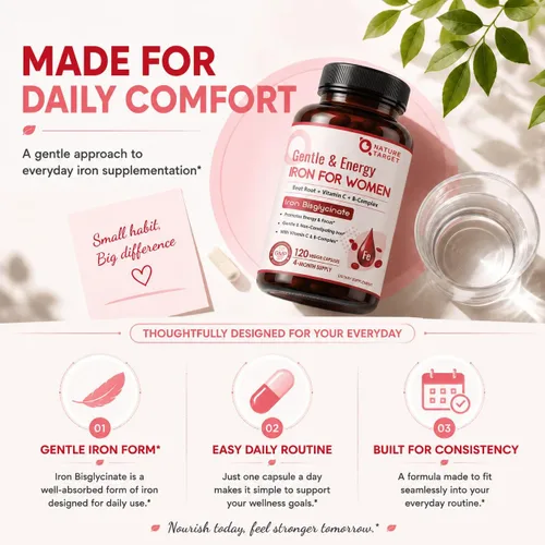 Vista 8 de NATURE TARGET Suplemento de hierro para mujeres, 25 mg de bisglicinato
