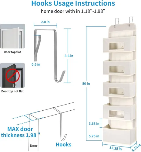 Vista 2 de MAX Houser Organizador para colgar sobre la puerta con 5 estantes y 2 ganchos de metal, organizador de almacenamiento de pared con 5 bolsillos