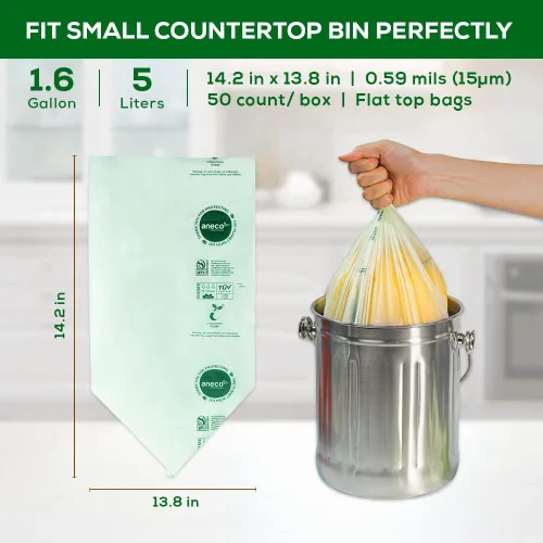 Vista 6 de ANECO Bolsas de basura 100% compostables para el hogar (bolsas de basura de 1.6 galones, 50 unidades), pequeñas bolsas de compost de cocina