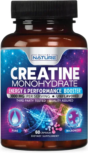 Vista 5 de Built by Nature Píldoras de monohidrato de creatina, suplemento de creatina micronizada para hombres y mujeres, fuerza muscular, energía